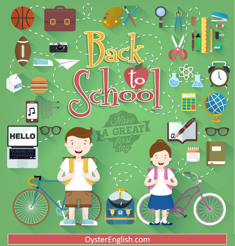 A back to school collage with two schoolchildren surrounded by many different school supplies