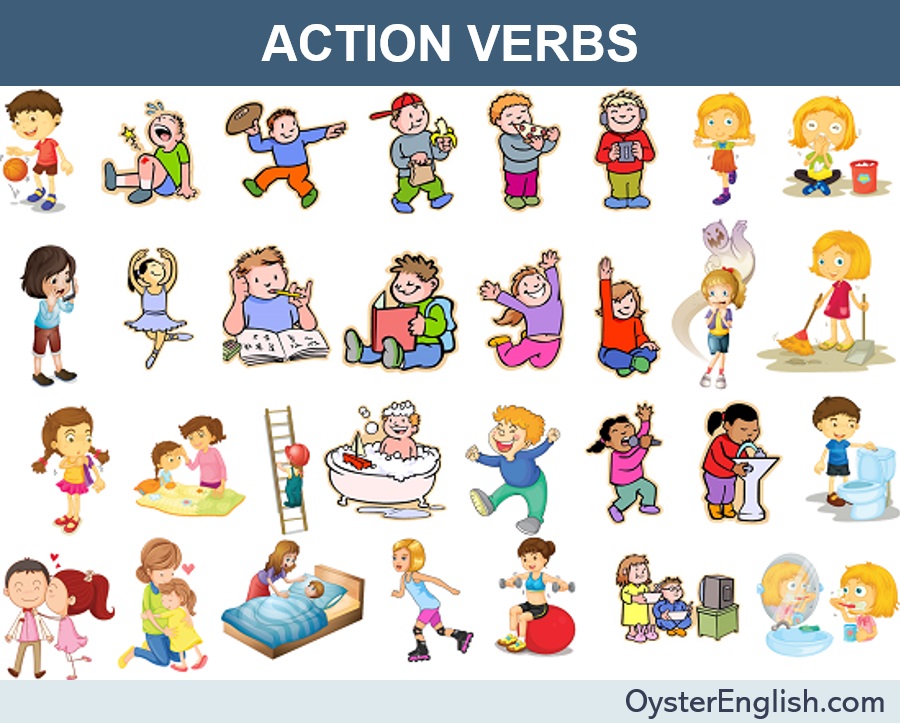 A collage of pictures of children doing various activities to depict each action verb listed on this page.