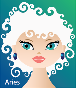 Illustration of head shot of a female with white curly hair like a ram (representing Aries)