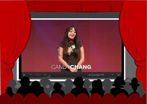 Candy Chang speaking on stage in front of audience