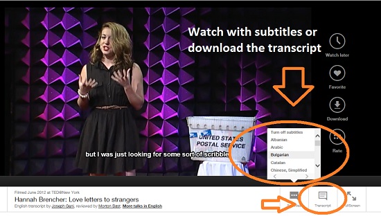 Screenshot showing how to access the subtitles on the YouTube video and display them in English as well as other languages.