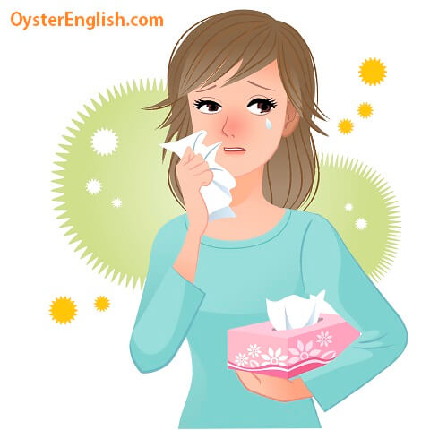 A woman sneezing and holding tissues, illustrating symptoms of spring allergies. A visual vocabulary learning aid at OysterEnglish.com.