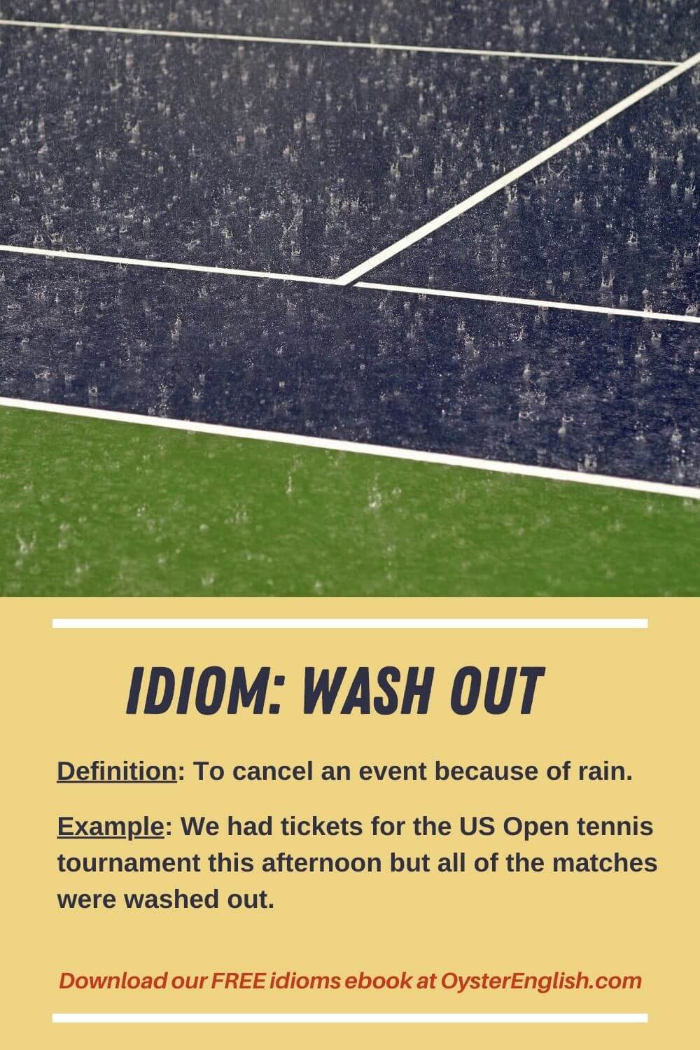 A downpour (lots of rain) on a tennis court: We had tickets for the US Open tennis tournament this afternoon but all of the matches were washed out.