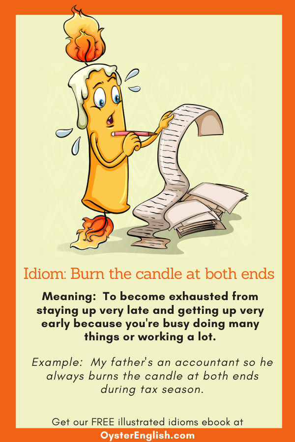 Cartoon candle with flames burning at both ends is writing furiously on a very long scroll of paper to depict the idiom "burning the candle at both ends."
