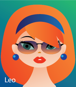 Illustration of head shot of a female  with big orange hair like a lion (representing Leo)