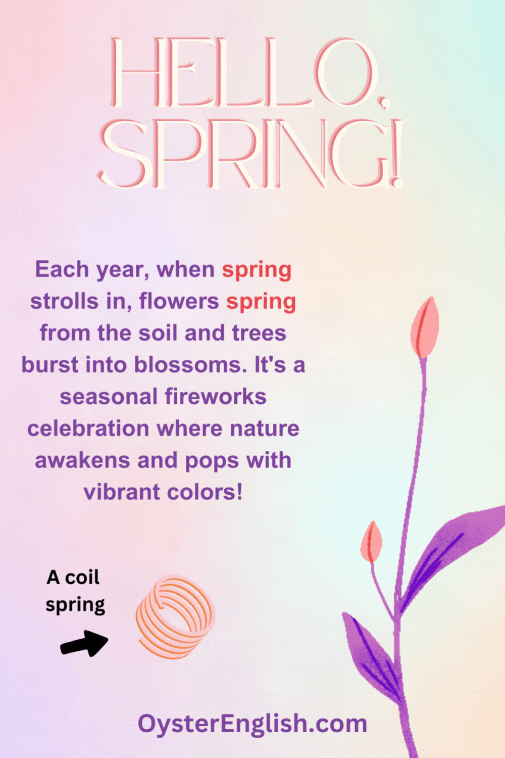 Animated image of a coil spring jumping and a flower blossoming, illustrating the dual meaning of 'spring' as both a mechanical action and a seasonal bloom.