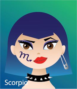 Illustration of head shot of a female with a symbol on her cheek: an M with the scorpion tail stinger (representing Scorpio)