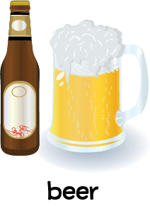 Illustration of a bottle of beer and a glass mug filled with beer.