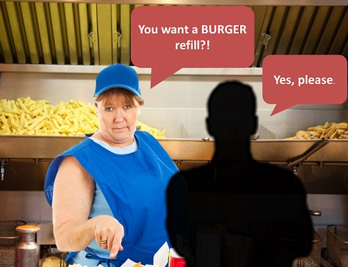 Man asking a confused fast-food worker for a "burger" refill: "You want a burger refill?" "Yes, please."