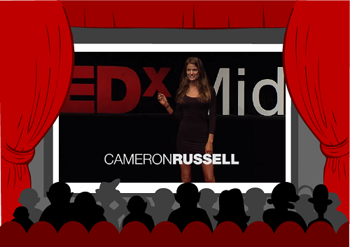 Model Cameron Russell speaking on the stage giving her TED Talk.