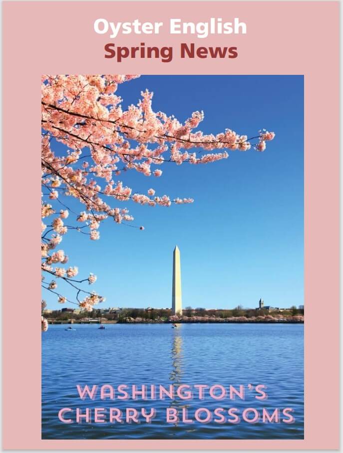 Newsletter cover showing a beautiful water view of pink Cherry Blossoms around the Jefferson Memorial and Tidal Basin in Washington, DC