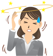 A cartoon woman with her eyes closed; she's off balance and is seeing stars because she's dizzy