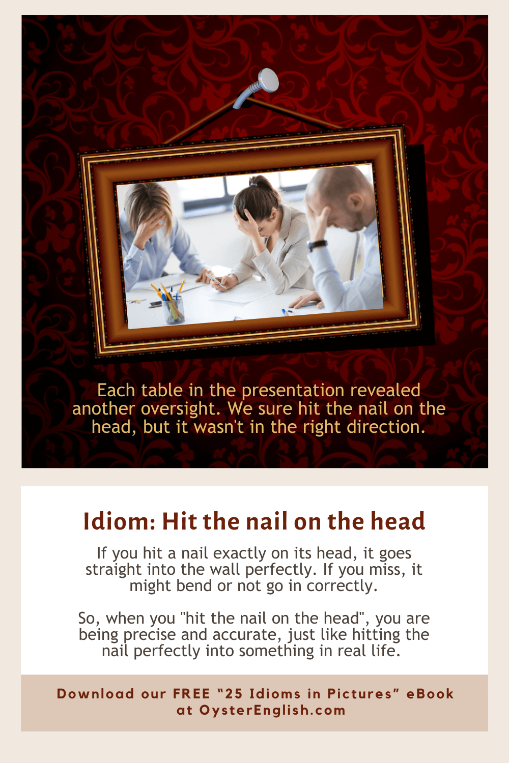 Crooked photo frame depicting business people with heads in hands, symbolizing the idiom 'hit the nail on the head' but with unintended outcomes when something is not done in the correct direction.