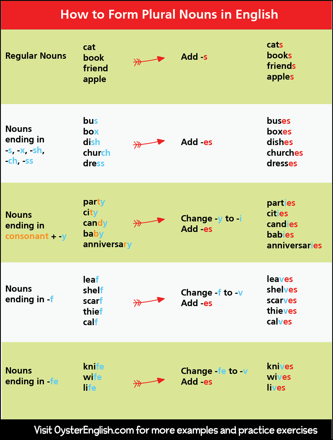 A detailed chart showing how to form plural nouns.
