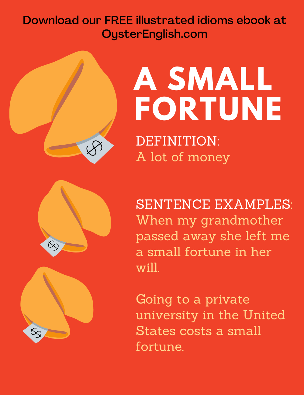 Dollar signs printed on the paperslips sticking out of fortune cookies to depict the idiom "a small fortune" (a lot of money). 2 Sentence examples from the list on the page included.