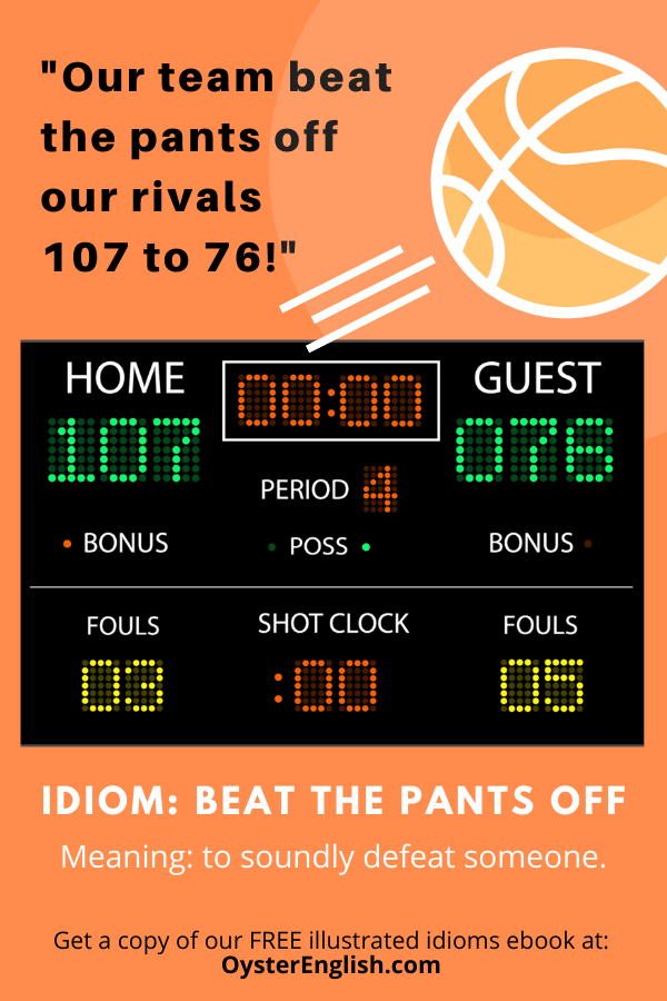 Basketball scoreboard showing the home team beating the visitors 107-76. Caption: Our team beat the pants off our rivals 107-76!