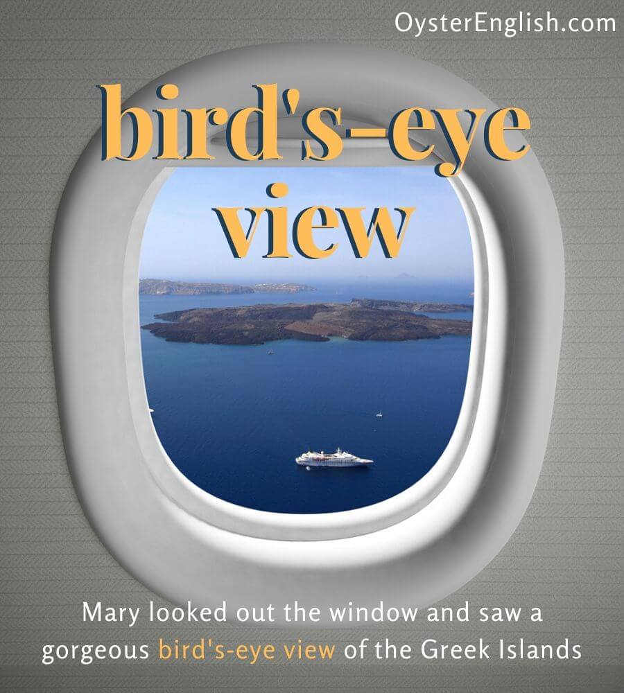 An overhead view from an airplane window of Greek islands and a cruise ship sailing in the ocean. Caption: Mary looked out the window and saw a gorgeous bird's eye view of the Greek islands.