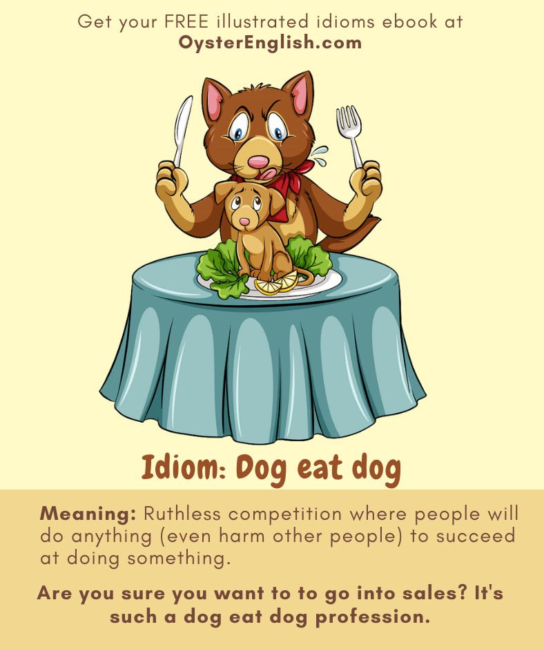 A large dog, holding a fork and knife in the air, is about to eat a small puppy sitting on a plate.