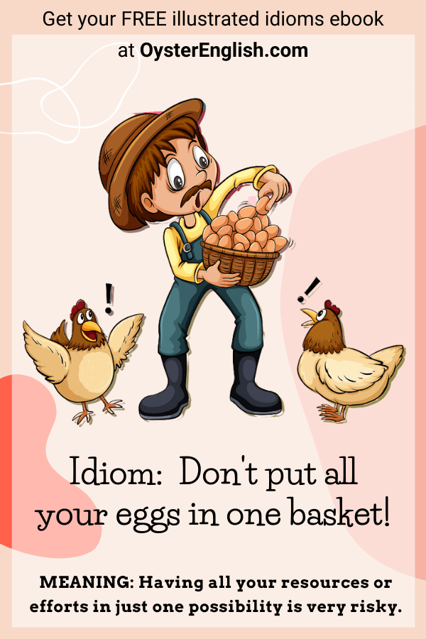 A cartoon farmer is putting one more egg in a basket of eggs that is already too full and two chickens are looking at the situation in despair.