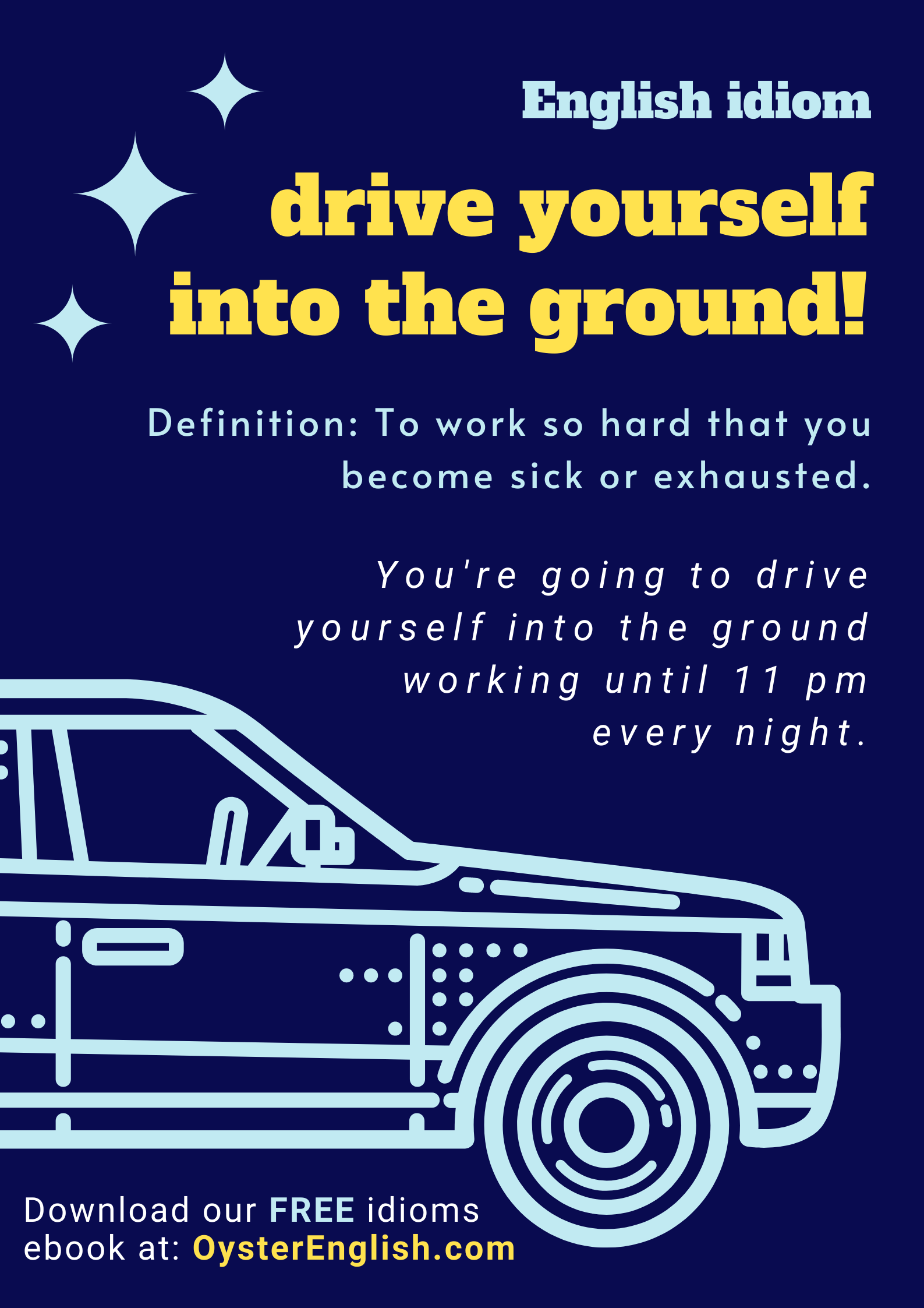 Picture of car and idiom definition + example: You're going to drive yourself into the ground working until 11 pm every night.