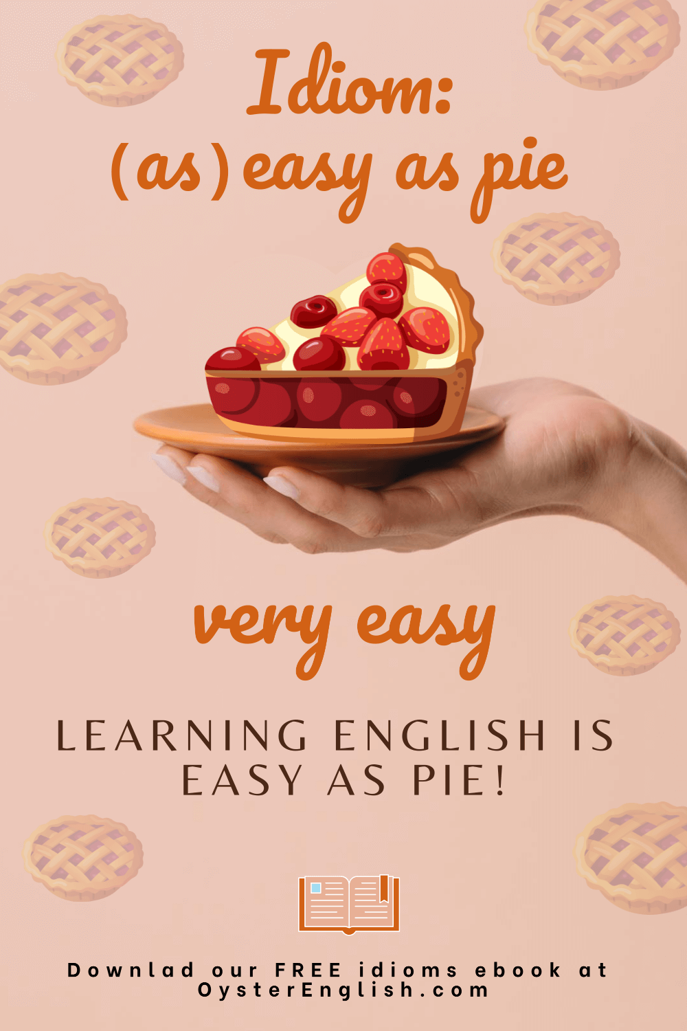Picture of a hand holding a plate with a piece of strawberry and cherry pie to depict the idiom "easy as pie," which means very easy. Caption: Learning English is easy as pie!