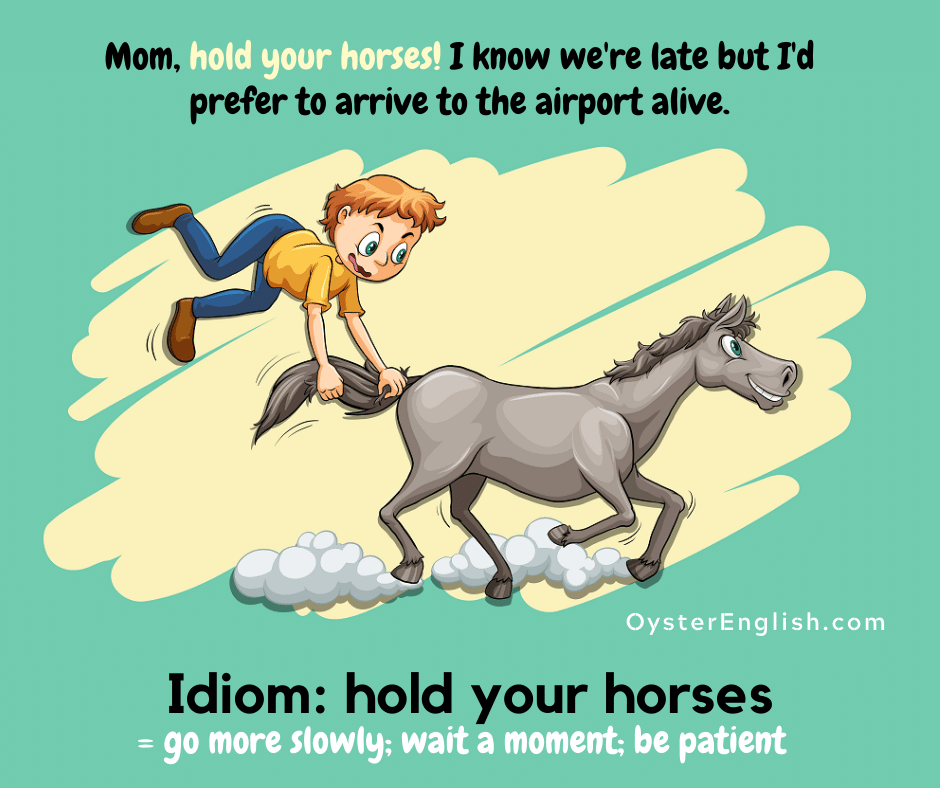 A horse is running fast and a boy is holding onto his tail and flying behind him in the air. Caption: Mom, hold your horses! I know we're late but I prefer to arrive to the airport alive.