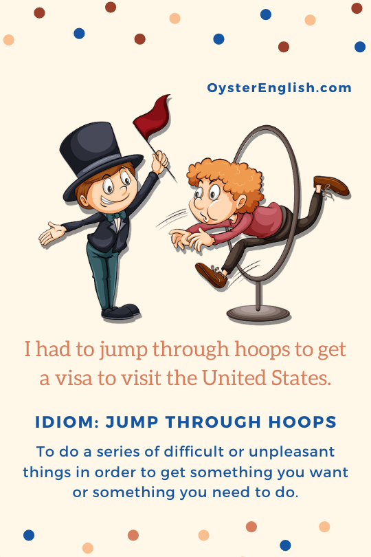A ringmaster (circus leader) gestures as a man to jumps through a large hoop. Caption Example: I had to jump through hoops to get a visa to visit the United States.