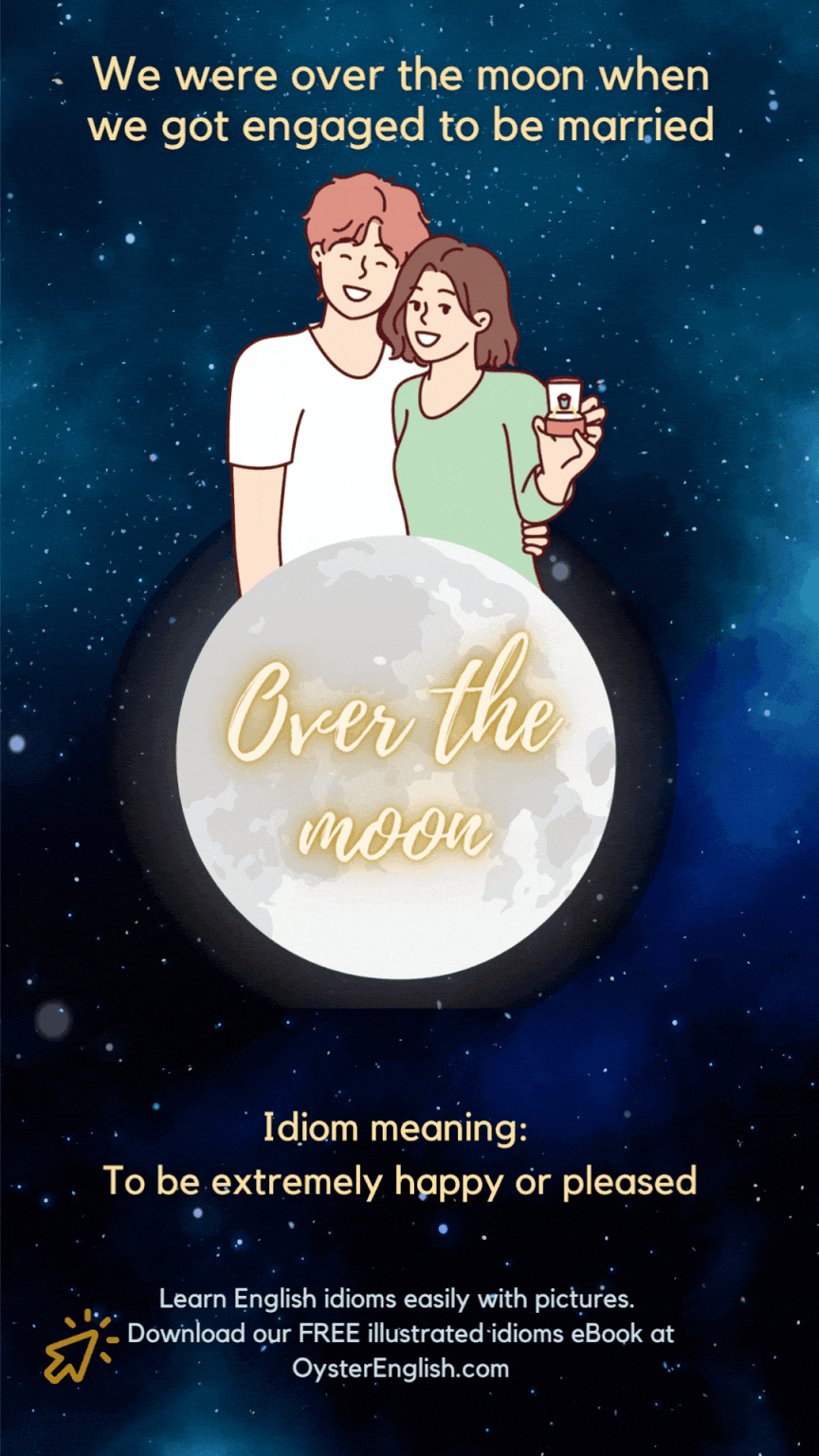 Illustration of a joyful couple emerging from the top of a full moon, holding an engagement ring box under a starry sky, symbolizing the idiom 'over the moon' to express their happiness upon getting engaged.