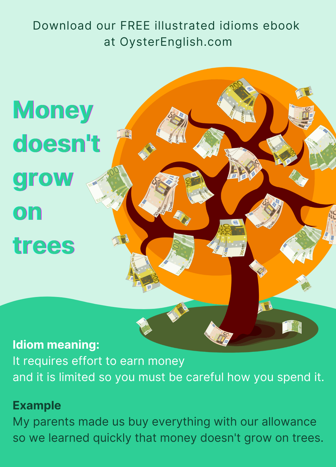 Image of a tree with euro bills attached to the branches. Caption: My parents made us buy everything with our allowance so we quickly learned that money doesn't grow on trees.