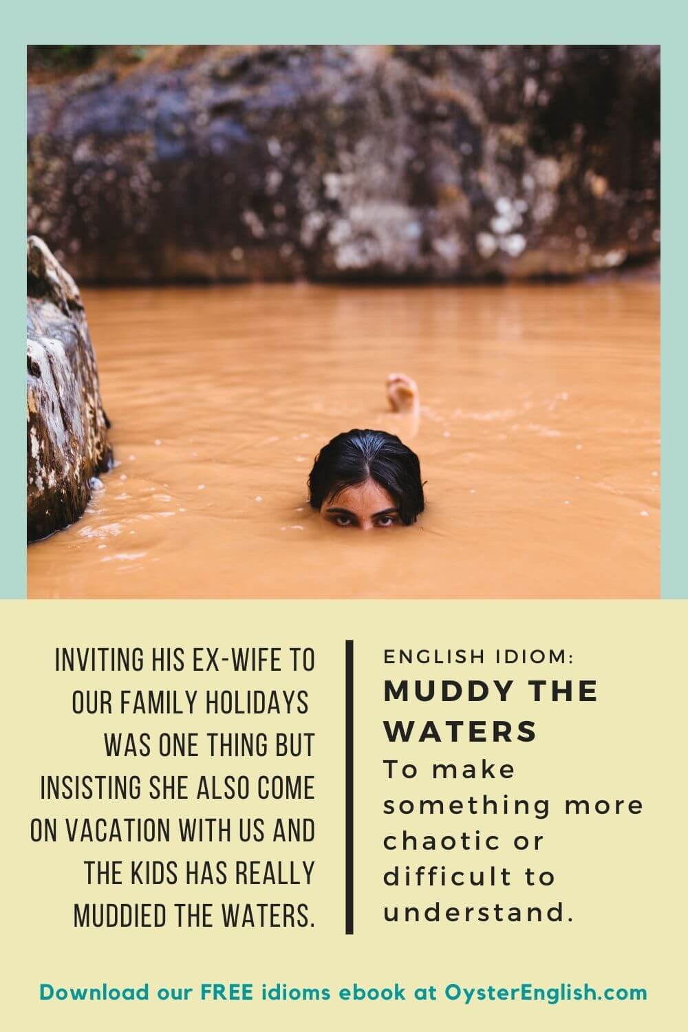Woman floating in a muddy stream of water: Inviting his ex-wife to our family holidays was one thing but insisting she also come on vacation with us and the kids has really muddied the waters.