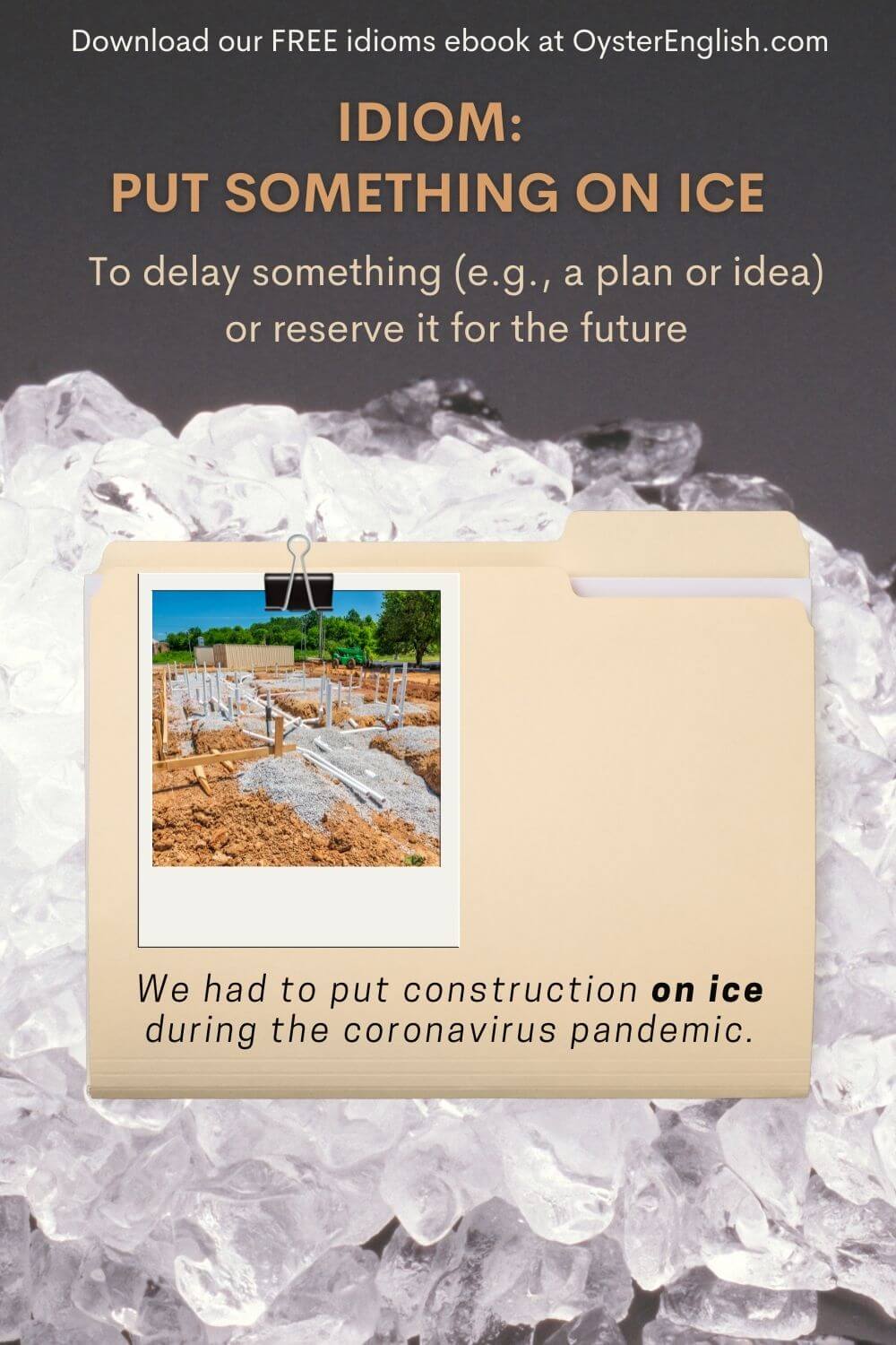 A business folder with a photo of an unfinished construction project is placed on top of crushed ice. 