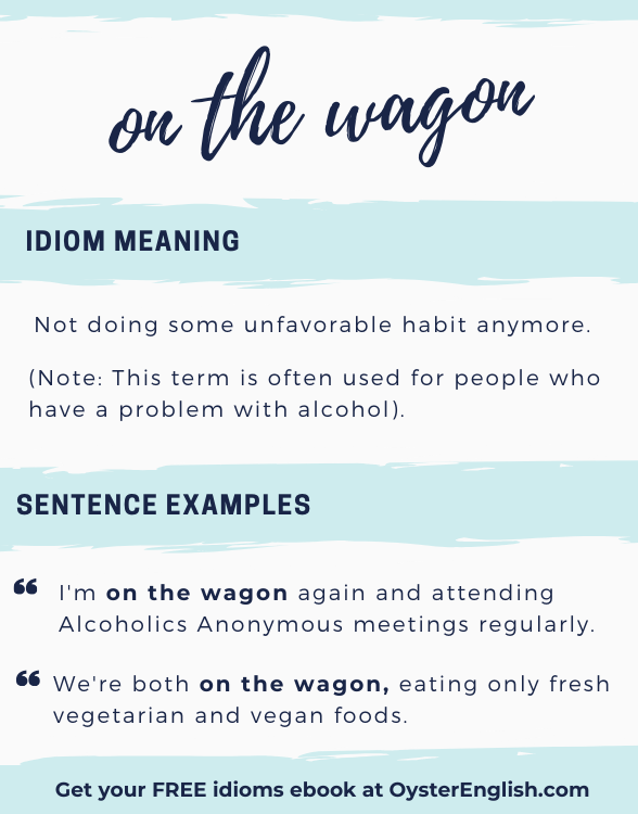 Artistic lettering of idiom "on the wagon" with definition and two sentence examples from the page.