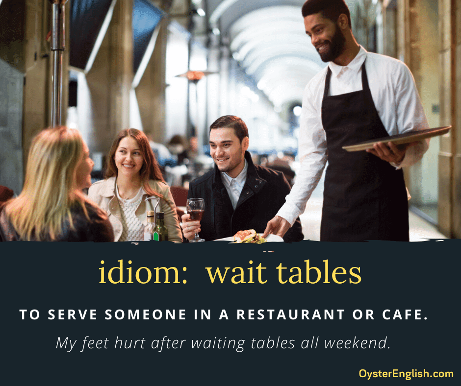 A photo of a waiter putting plates of food on table for his customers and the idiom definition and example:  "my feet hurt after waiting tables all weekend."