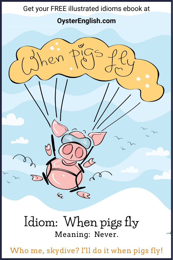 Cartoon pig skydiving with a parachute. Caption: Who me, skydive? When pigs fly!