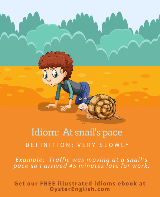 Cartoon boy crawling on his hands and knees is racing a snail to depict the idiom 