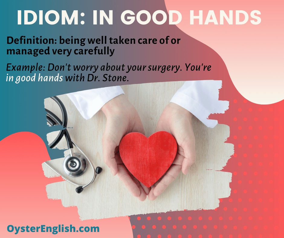 Image of hands holding a wooden heart in doctor's hands next to a stethoscope depicting the idiom "in good hands."