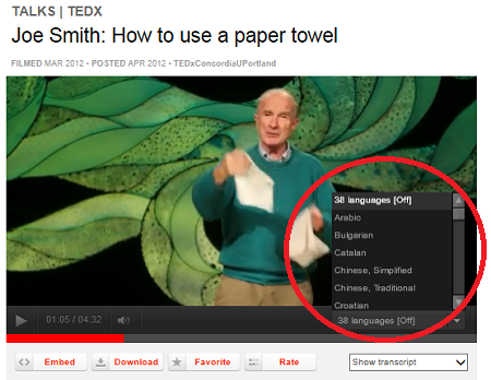 Image showing how to access the transcript in different languages by clicking the button in the lower, right-hand corner of the screen.