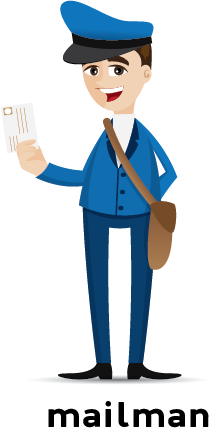 Illustration of a mailman in uniform wearing a letter carrying bag and holding a letter in his hand.