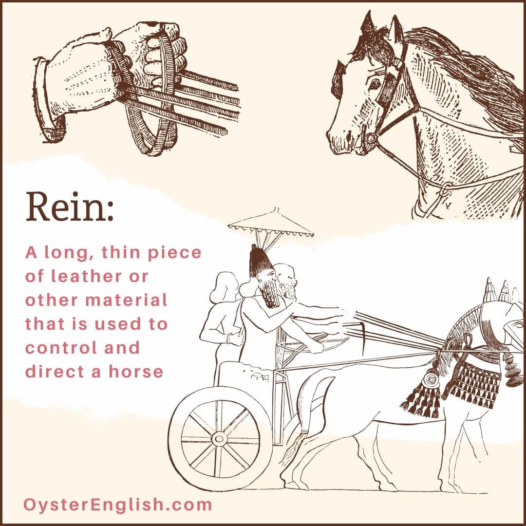 3 drawings of reins: 1. A close-up of hands holding the reins 2. The head of a horse with reins on each side of the face 3. People in a chariot holding the reins on a horse