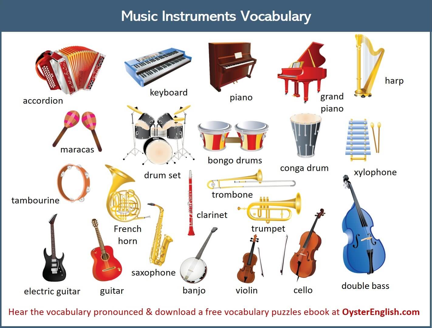 A collection of all of the musical instrument illustrations featured on this page.