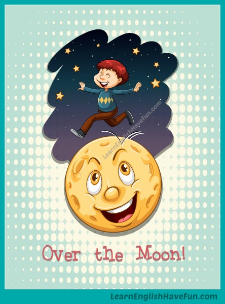 A happy, smiling cartoon boy is jumping over a happy, smiling moon to illustrate the idiom over the moon.