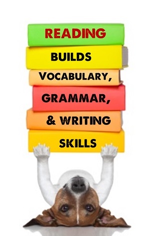 Dog lying on his back holding up a stack of books that says: Reading builds vocabulary, grammar, and writing skills.