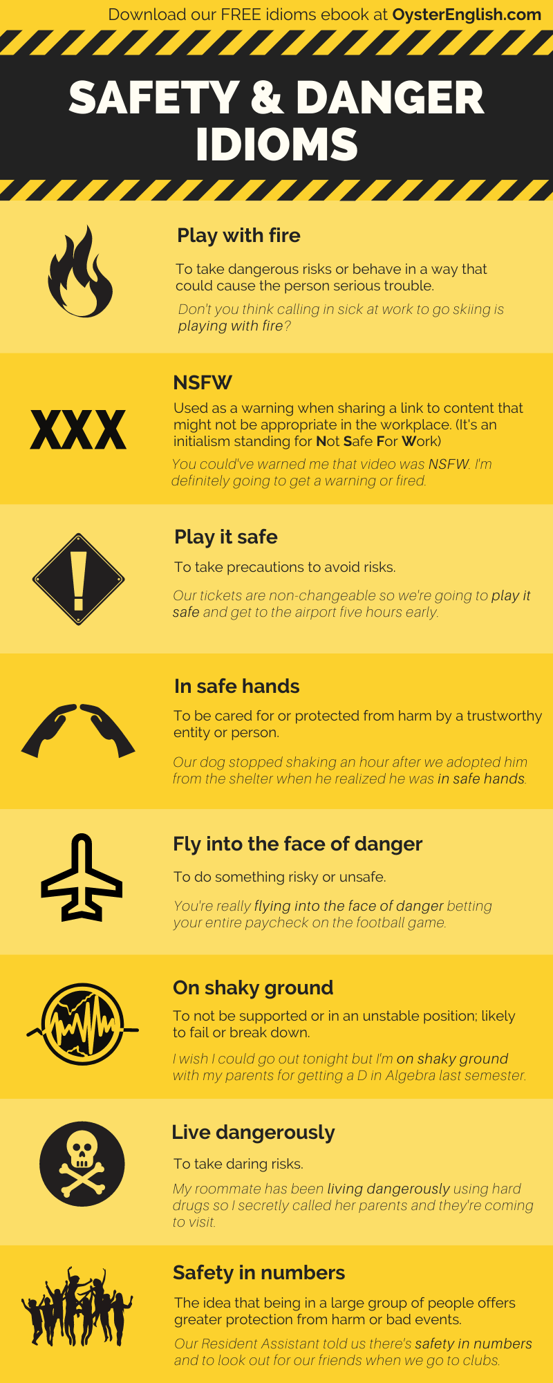 An infographic listing the 8 safety and danger idioms listed on this webpage with example sentences.