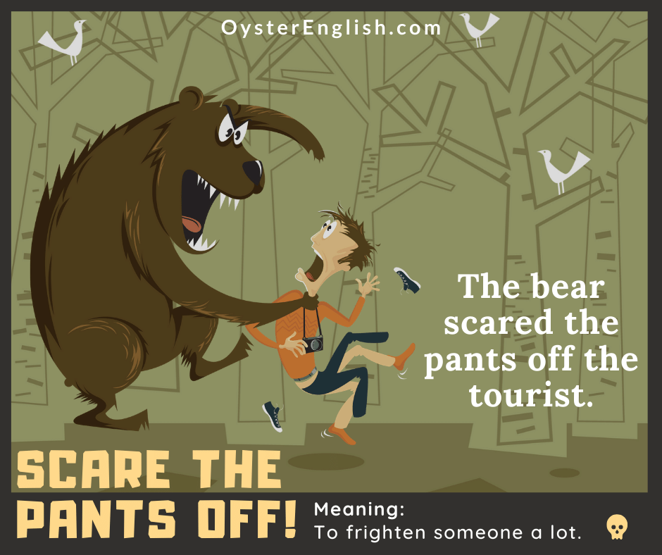 A huge, scary cartoon bear is grabbing a tourist by the neck in the woods. The tourist is so scared and terrified his pants and shoes are flying off his body.