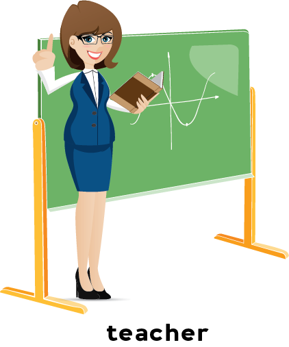 Illustration of a teacher in front of a chalkboard.