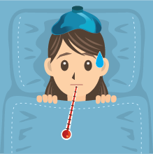 A sick cartoon woman in bed with a water bottle on her head and a thermometer in her mouth.