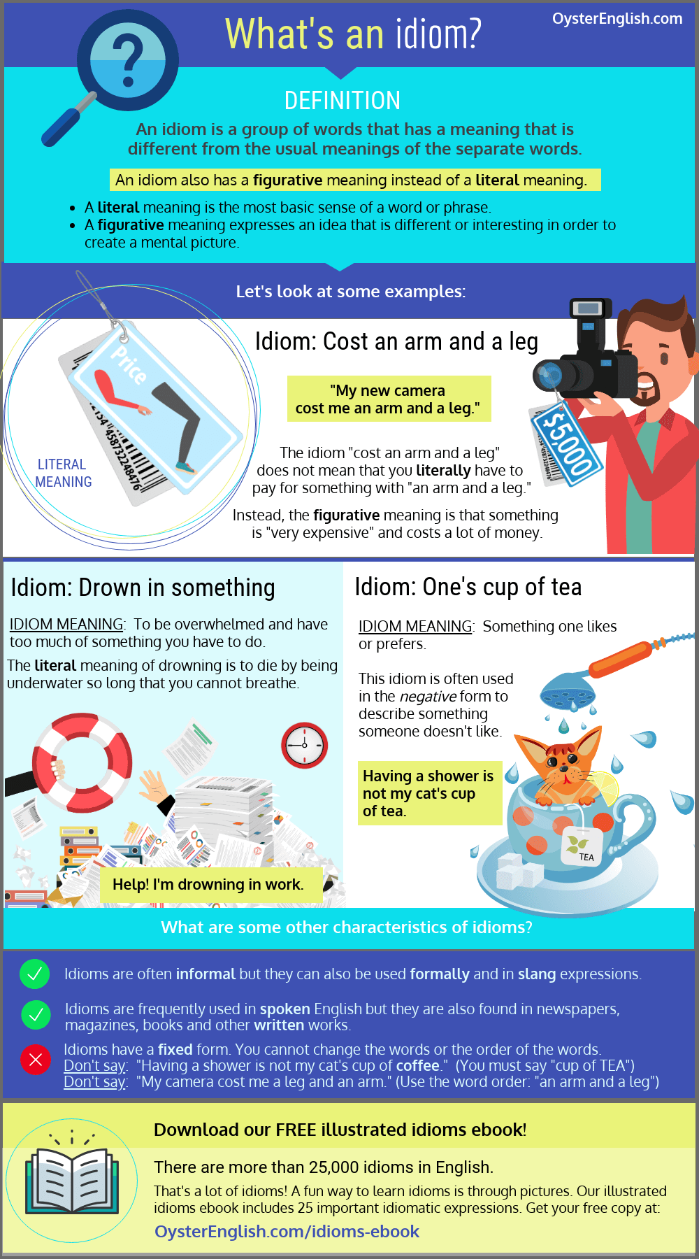 An infographic defining what an idiom is and giving several examples of idioms with illustrations of each expression.