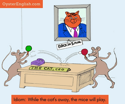 Illustration of the idiom 'while the cat's away' with a cat and mice playing.