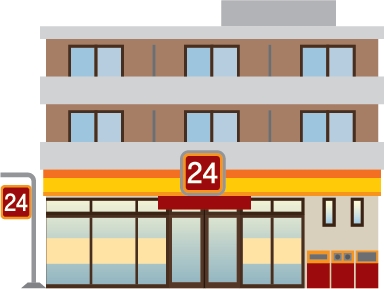 Illustration of the exterior of a 24-hour minimart store