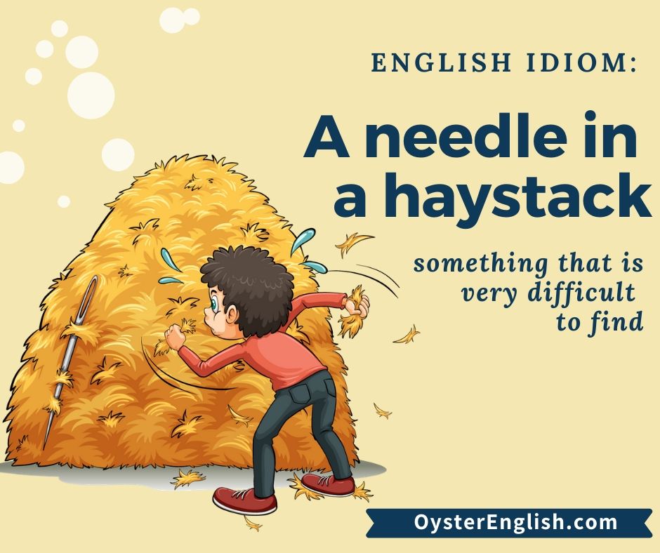 Image of a cartoon boy searching for a needle in a huge stack of hay, illustrating the meaning of the idiom that "a needle in a haystack" is something that's very difficult to find.